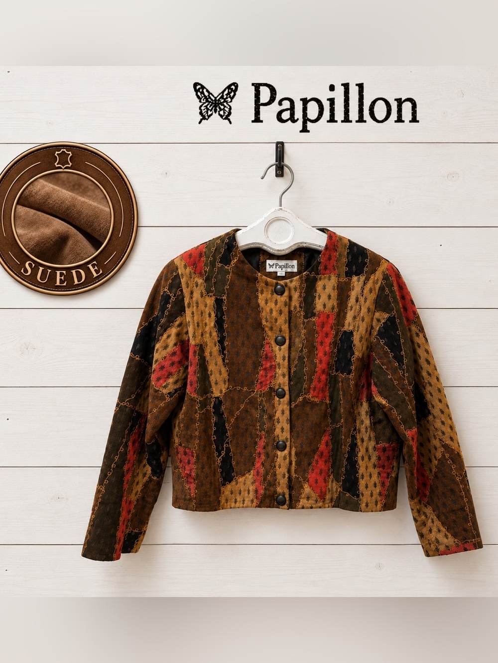 PAPILLON Brown Patchwork Genuine Leather Jacket Vintage Size M